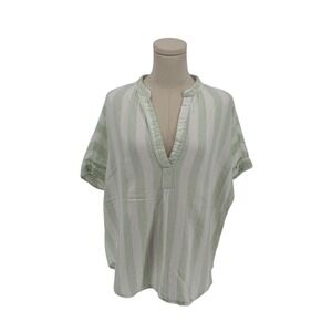 A New Day Linen Blend White & Green Striped Crop Top (Size L)